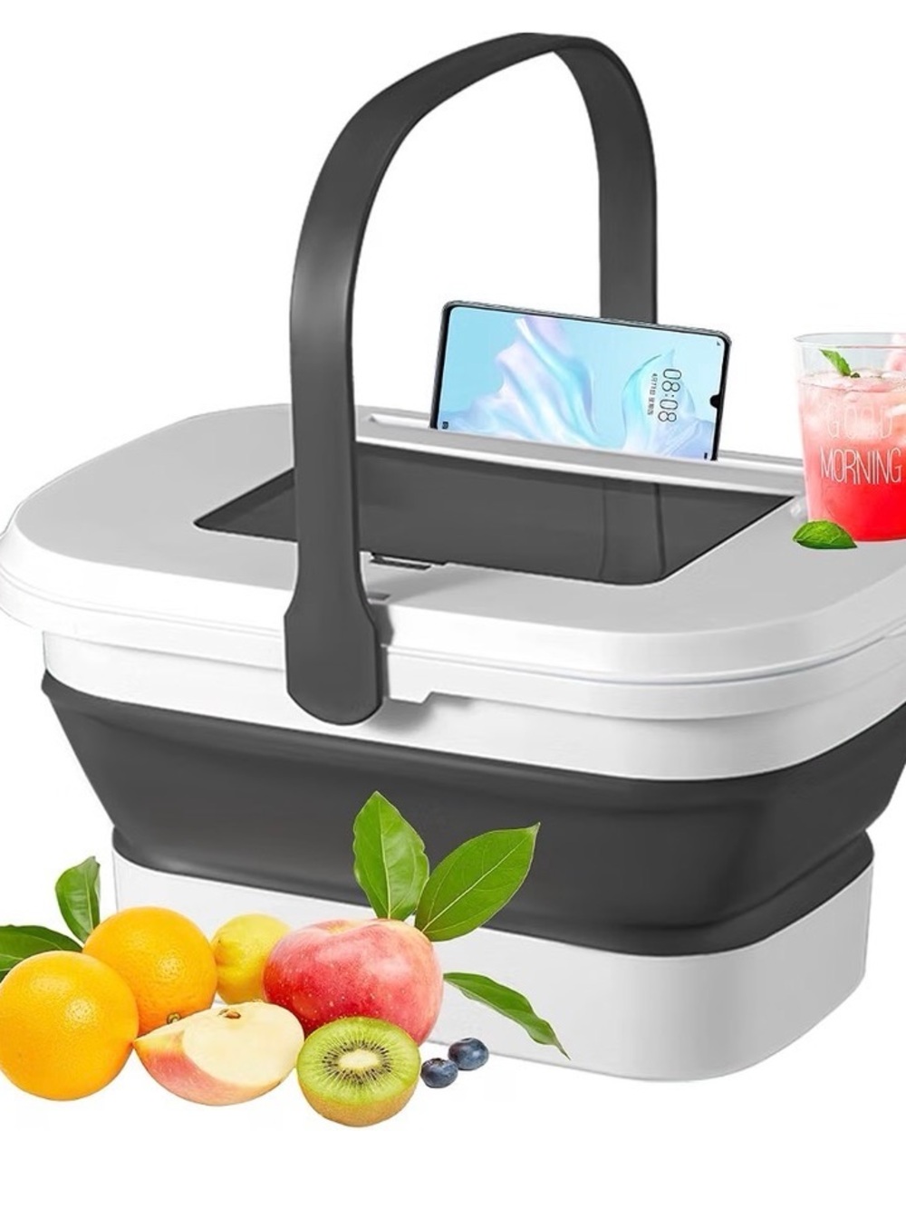 Collapsible Picnic Basket with Removable Handle - White & Dark Gray